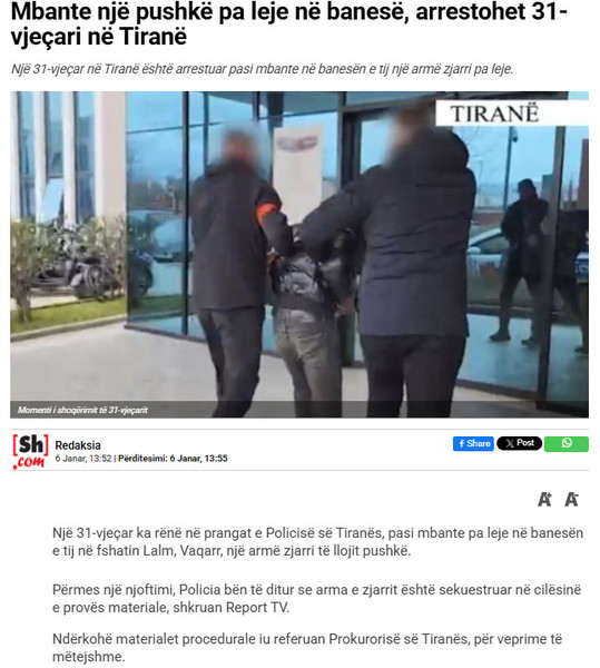 Albania-avmp/Mbante-nj-pushk-pa-leje-n-banes-arrestohet-31-vjeari-n-Tiran