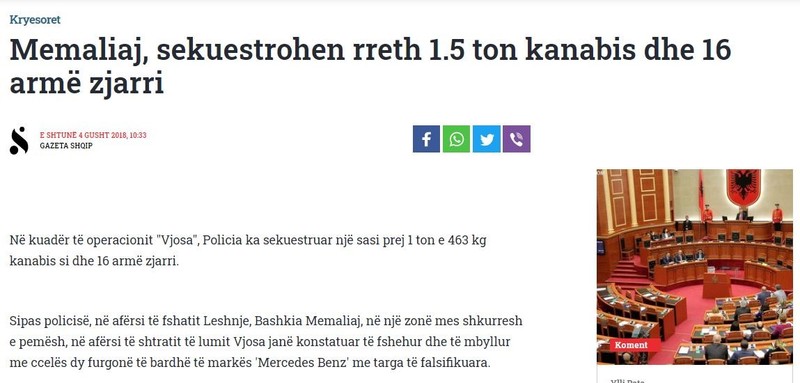 Albania-avmp/Memaliaj-sekuestrohen-rreth-1.5-ton-kanabis-dhe-16-arm-zjarri