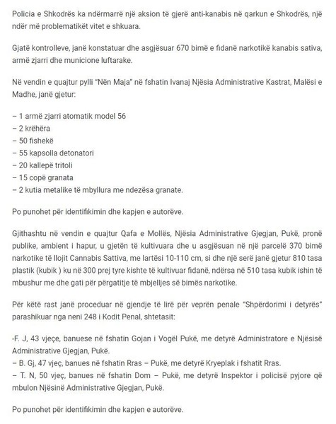 Albania-avmp/Policia-aksion-masiv-n-Shkodr-gjenden-drog-dhe-arm--