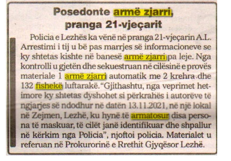 Albania-avmp/posedonte-arme-zjarri-arrestohet-21-vjecari-ne-lezhe