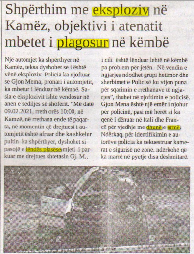 Albania-avmp/shperthim-me-eksploziv-ne-makinen-e-34-vjecarit