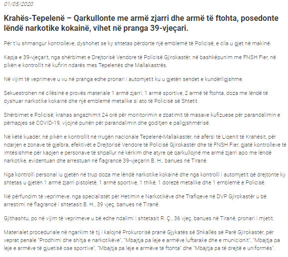 Albania-avmp/weapon-seizure-tepelene