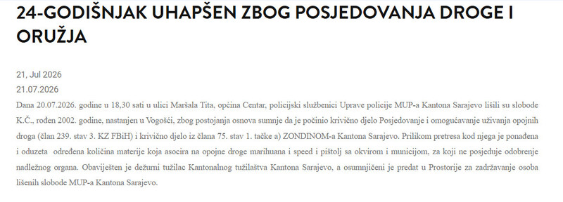 Bosnia-and-Herzegovina-avmp/24-godisnjak-uhapsen-zbog-posjedovanja-droge-i-oruzja