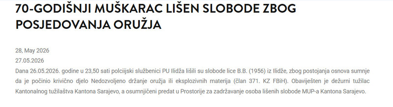 Bosnia-and-Herzegovina-avmp/70-godisnji-muskarac-lisen-slobode-zbog-posjedovanja-oruzja