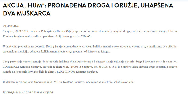 Bosnia-and-Herzegovina-avmp/Akcija-Hum-Pronadena-droga-i-oruzje-uhapsena-dva-muskarca