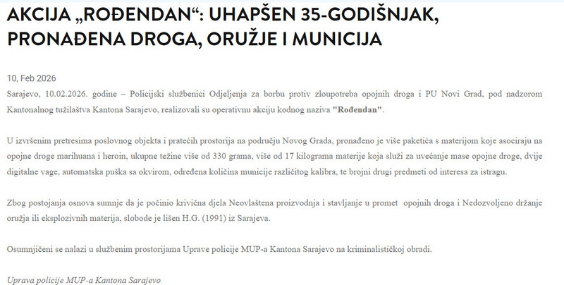 Bosnia-and-Herzegovina-avmp/Akcija-Rodendan-Uhapsen-35-godisnjak-pronadena-droga-oruzje-i-municija