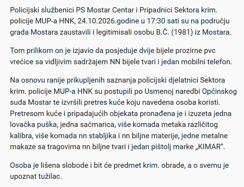Bosnia-and-Herzegovina-avmp/Akcija-policije-u-Mostaru-Pronadeni-droga-dvije-puske-pistolj-i-municija-jedna-osoba-uhapsen