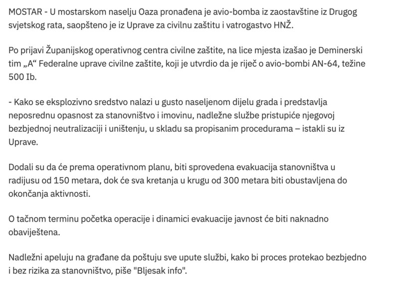 Bosnia-and-Herzegovina-avmp/Avio-bomba-otkrivena-u-Mostaru_-Gradani-moraju-da-napuste-kuce