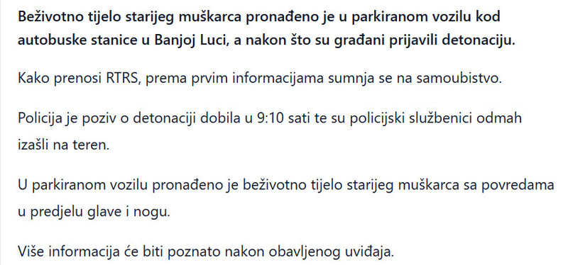 Bosnia-and-Herzegovina-avmp/Banja-Luka-Aktivirana-bomba-u-vozilu-pronaden-stariji-muskarac
