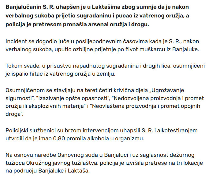 Bosnia-and-Herzegovina-avmp/Banjalucanin-pucao-u-Laktasima-policija-mu-pronasla-arsenal-oruzja-i-drogu