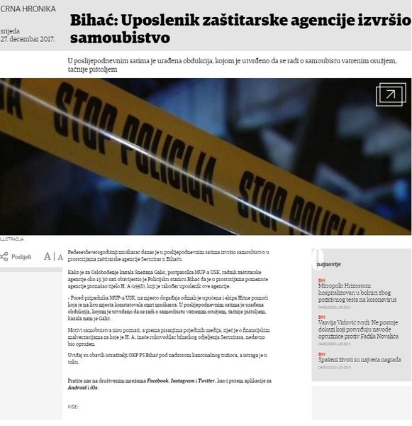 Bosnia-and-Herzegovina-avmp/Bihac_-Uposlenik-zastitarske-agencije-izvrsio-samoubistvo