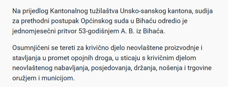 Bosnia-and-Herzegovina-avmp/Biscaninu-odreden-pritvor-Dilao-drogu-a-pronadeno-i-oruzje_1