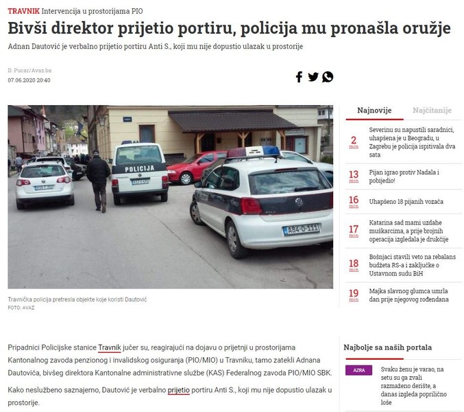 Bosnia-and-Herzegovina-avmp/Bivsi-direktor-prijetio-portiru-policija-mu-pronasla-oruzje