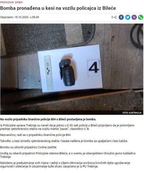 Bosnia-and-Herzegovina-avmp/Bomba-pronadena-u-kesi-na-vozilu-policajca-iz-Bilece