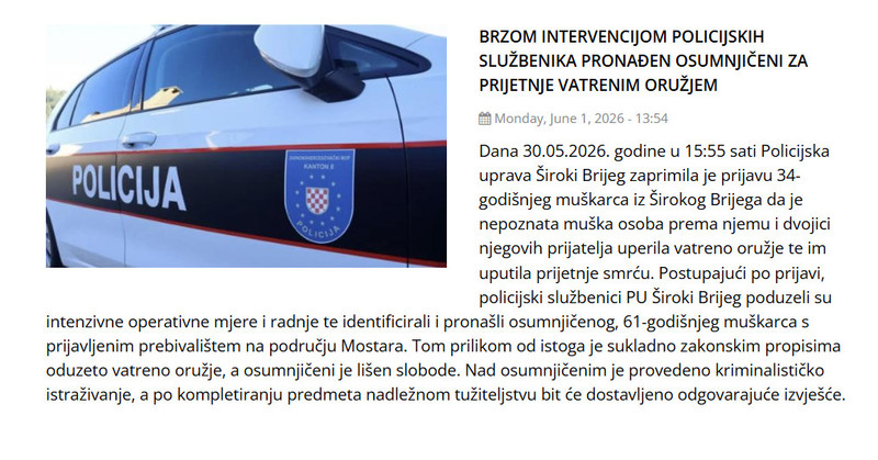 Bosnia-and-Herzegovina-avmp/Brzom-intervencijom-policijskih-sluzbenika-pronaden-osumnjiceni-za-prijetnje-vatrenim-oruzjem