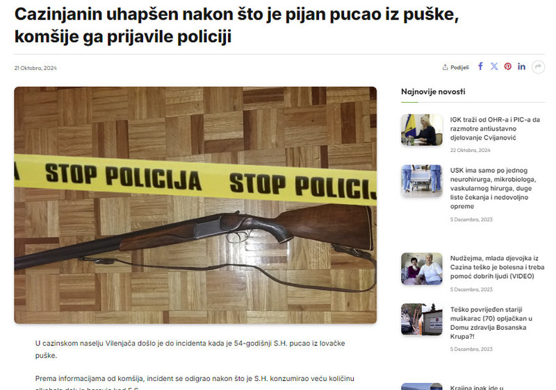 Bosnia-and-Herzegovina-avmp/Cazinjanin-uhapsen-nakon-sto-je-pijan-pucao-iz-puske