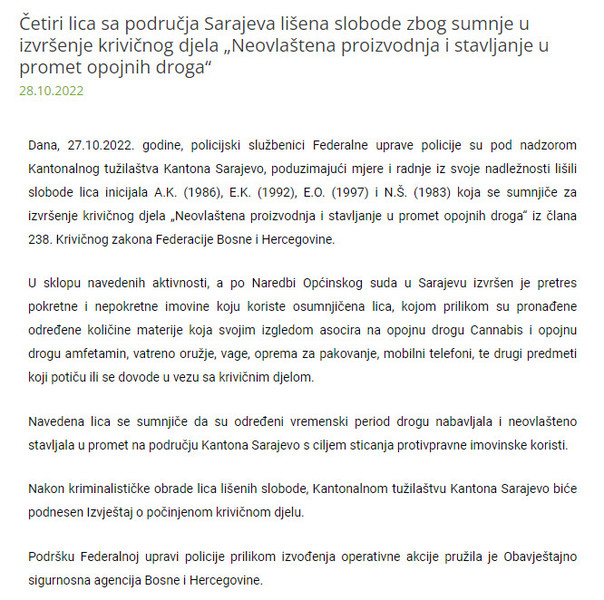Bosnia-and-Herzegovina-avmp/Cetiri-lica-sa-podrucja-Sarajeva-lisena-slobode-zbog-sumnje-u-