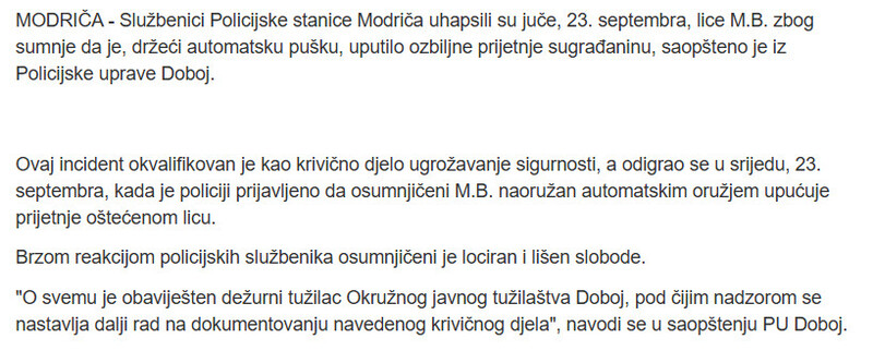 Bosnia-and-Herzegovina-avmp/Drama-u-Modrici-Uhapsen-zbog-prijetnji-automatskom-puskom_1