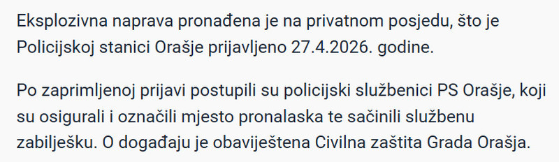 Bosnia-and-Herzegovina-avmp/Drama-u-Orasju-Pronadena-eksplozivna-naprava-na-privatnom-posjedu_1