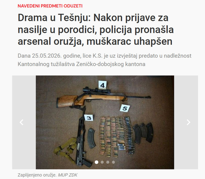 Bosnia-and-Herzegovina-avmp/Drama-u-Tesnju-Nakon-prijave-za-nasilje-u-porodici-policija-pronasla-arsenal-oruzja-muskarac-uhapsen