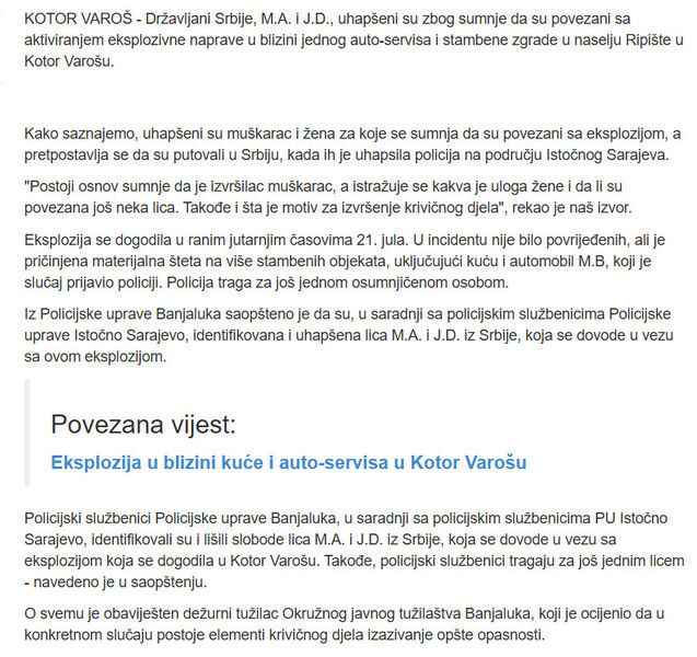 Bosnia-and-Herzegovina-avmp/Drzavljani-Srbije-uhapseni-zbog-eksplozije-u-Kotor-Varosu