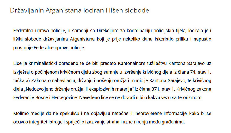 Bosnia-and-Herzegovina-avmp/Drzavljanin-Afganistana-lociran-i-lisen-slobode