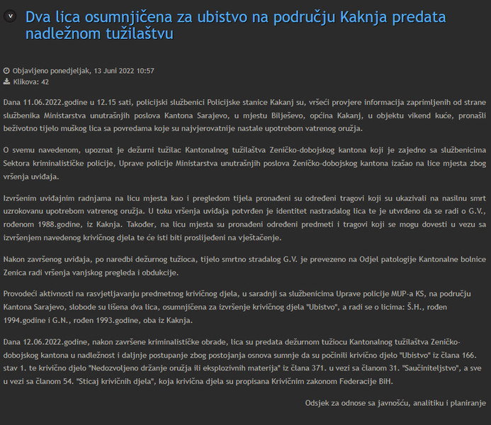 Bosnia-and-Herzegovina-avmp/Dva-lica-osumnjicena-za-ubistvo-na-podrucju-Kaknja-predata-nad