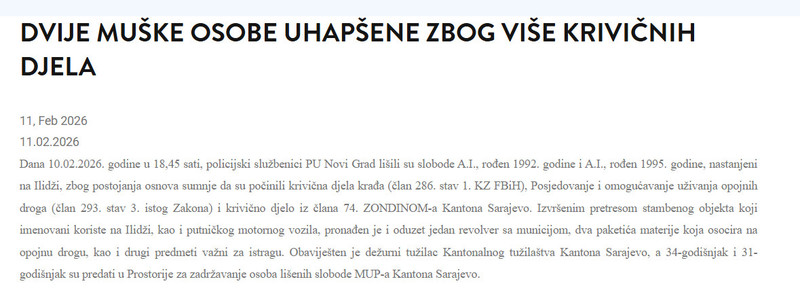 Bosnia-and-Herzegovina-avmp/Dvije-muske-osobe-uhapsene-zbog-vise-krivicnih-djela
