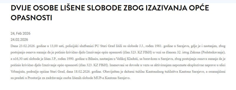 Bosnia-and-Herzegovina-avmp/Dvije-osobe-lisene-slobode-zbog-izazivanja-opce-opasnosti