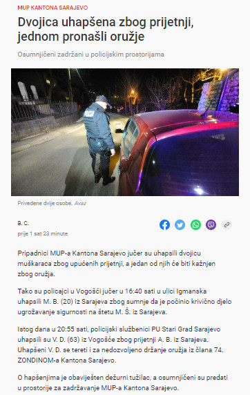 Bosnia-and-Herzegovina-avmp/Dvojica-uhapsena-zbog-pretnji-jednom-pronasli-oruzje