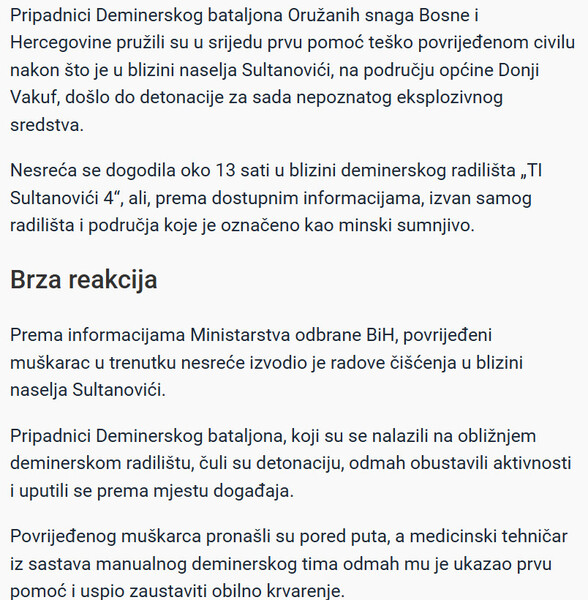 Bosnia-and-Herzegovina-avmp/Eksplozija-kod-Donjeg-Vakufa-Civil-tesko-povrijeden-demineri-mu-spasili-zivot