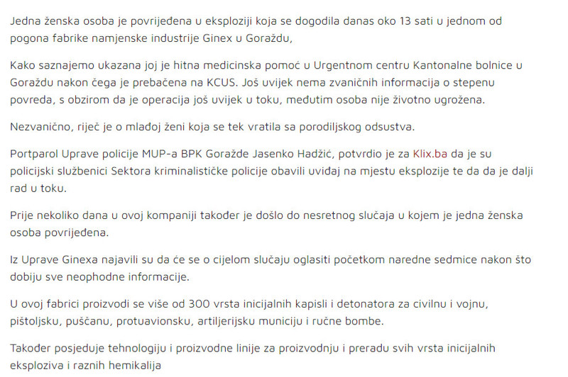 Bosnia-and-Herzegovina-avmp/Eksplozije-u-Ginexu_-Povrijedena-zena-operisana-na-KCUS-u-prij