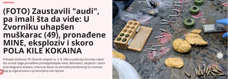 Bosnia-and-Herzegovina-avmp/FOTO-Zaustavili-audi-pa-imali-sta-da-vide-U-Zvorniku-uhapsen-muskarac-49-pronadene-MINE-eksploziv-i-skoro-POLA-KILE-KOKAINA