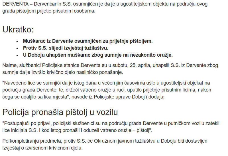 Bosnia-and-Herzegovina-avmp/Hapsenje-u-Derventi-Pistoljem-prijetio-gostima-u-kafani