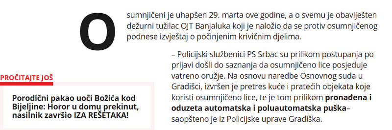 Bosnia-and-Herzegovina-avmp/Hapsenje-u-Srpcu-Osumnjicen-za-nasilje-u-porodici-zaplijenjeno-ORUZJE