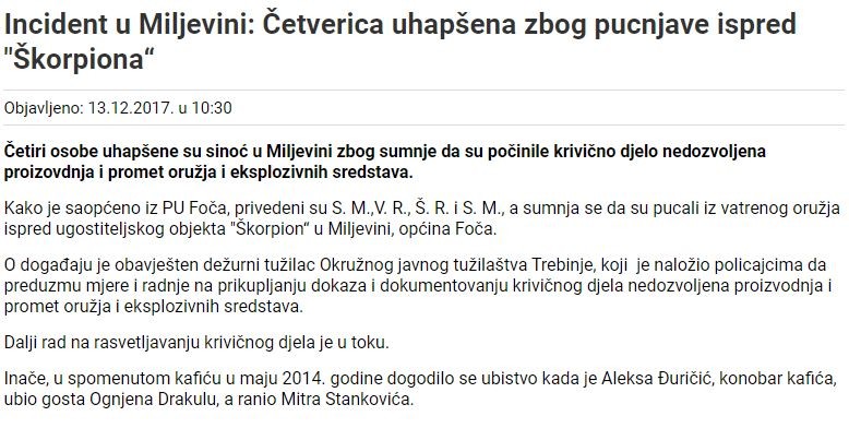 Bosnia-and-Herzegovina-avmp/Incident-u-Miljevini-cetiri-osobe-uhapsene-zbog-pucnjave