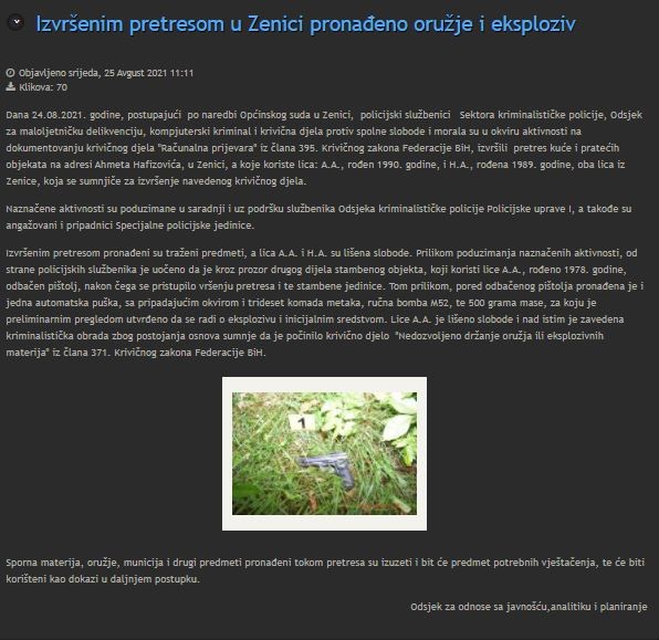 Bosnia-and-Herzegovina-avmp/Izvrsenim-pretresom-u-Zenici-pronadeno-oruzje-i-eksploziv