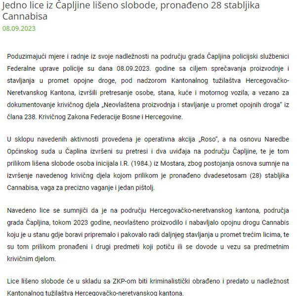 Bosnia-and-Herzegovina-avmp/Jedno-lice-iz-Capljine-liseno-slobode-pronadeno-28-stabljika-