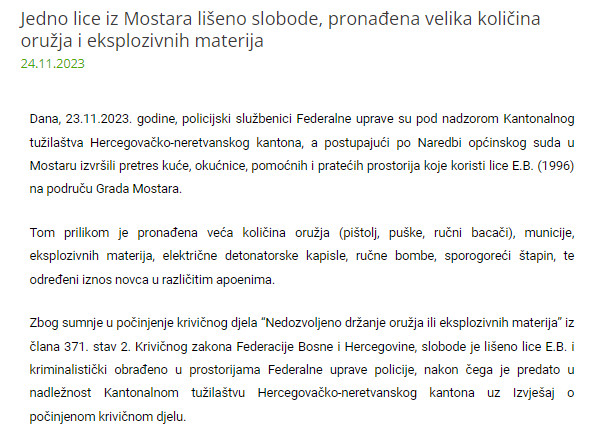 Bosnia-and-Herzegovina-avmp/Jedno-lice-iz-Mostara-liseno-slobode-pronadena-velika-kolicin