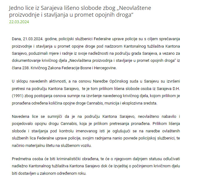 Bosnia-and-Herzegovina-avmp/Jedno-lice-iz-Sarajeva-liseno-slobode-zbog-Neovlastene-proizvo