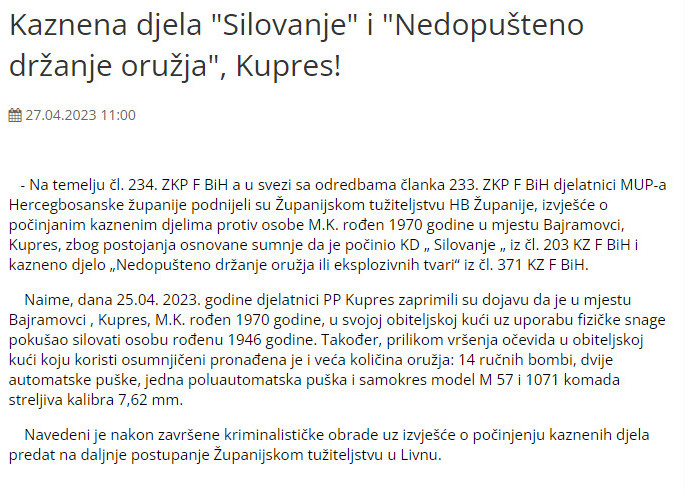 Bosnia-and-Herzegovina-avmp/Kaznena-djela-Silovanje-i-Nedopusteno-drzanje-oruzja-Kupres