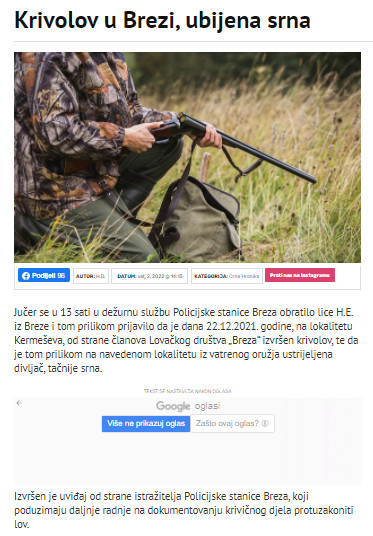 Bosnia-and-Herzegovina-avmp/Krivolov-u-Brezi-ubijena-srna---Portal-072info