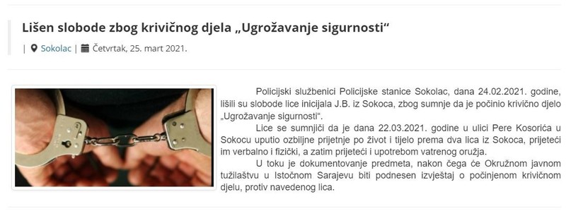 Bosnia-and-Herzegovina-avmp/Lisen-slobode-zbog-krivicnog-djela-Ugrozavanje-sigurnosti