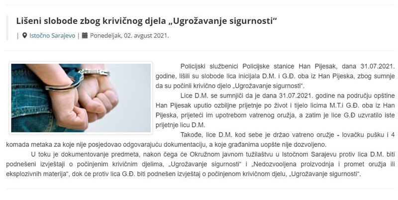 Bosnia-and-Herzegovina-avmp/Liseni-slobode-zbog-krivicnog-djela-Ugrozavanje-sigurnosti