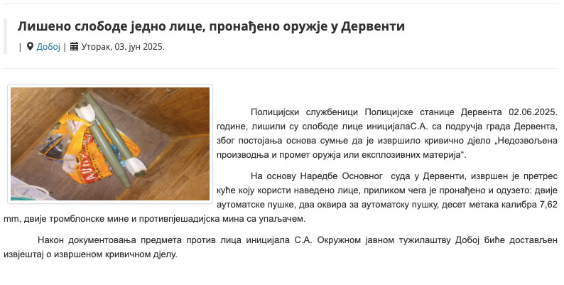 Bosnia-and-Herzegovina-avmp/Liseno-slobode-jedno-lice-pronadjeno-oruzje-u-Derventi