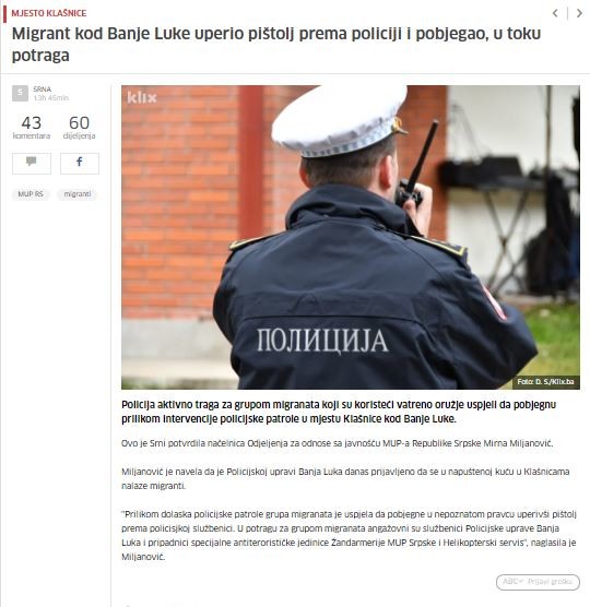 Bosnia-and-Herzegovina-avmp/Migrant-kod-Banje-Luke-uperio-pistolj-prema-policiji-i-pobjega