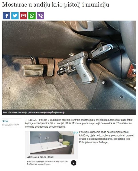 Bosnia-and-Herzegovina-avmp/Mostarac-u-audiju-krio-pistolj-i-municiju