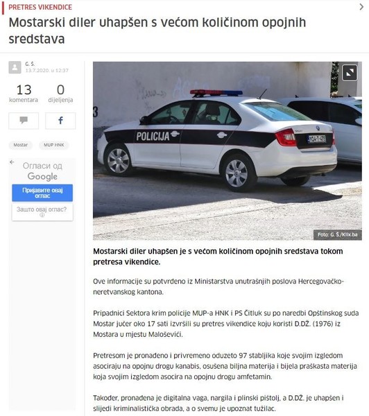 Bosnia-and-Herzegovina-avmp/Mostarski-diler-uhapsen-s-vecom-kolicinom-opojnih-sredstava