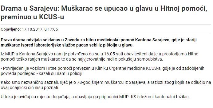 Bosnia-and-Herzegovina-avmp/Muskarac-se-upucao-u-glavu-u-Hitnoj-pomoci-preminuo-u-KCUS-u