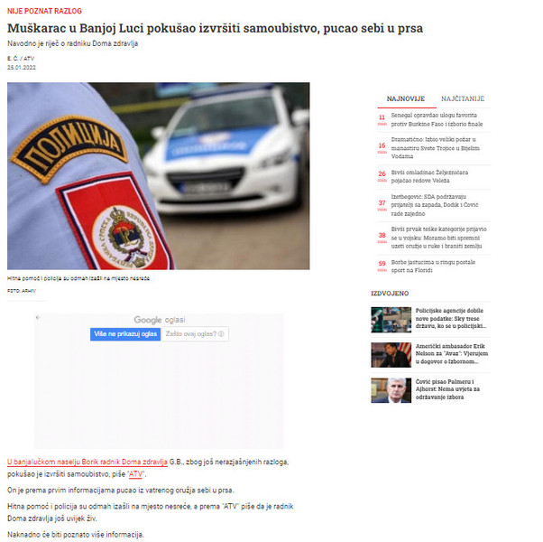 Bosnia-and-Herzegovina-avmp/Muskarac-u-Banjoj-Luci-pokusao-izvrsiti-samoubistvo-pucao-sebi